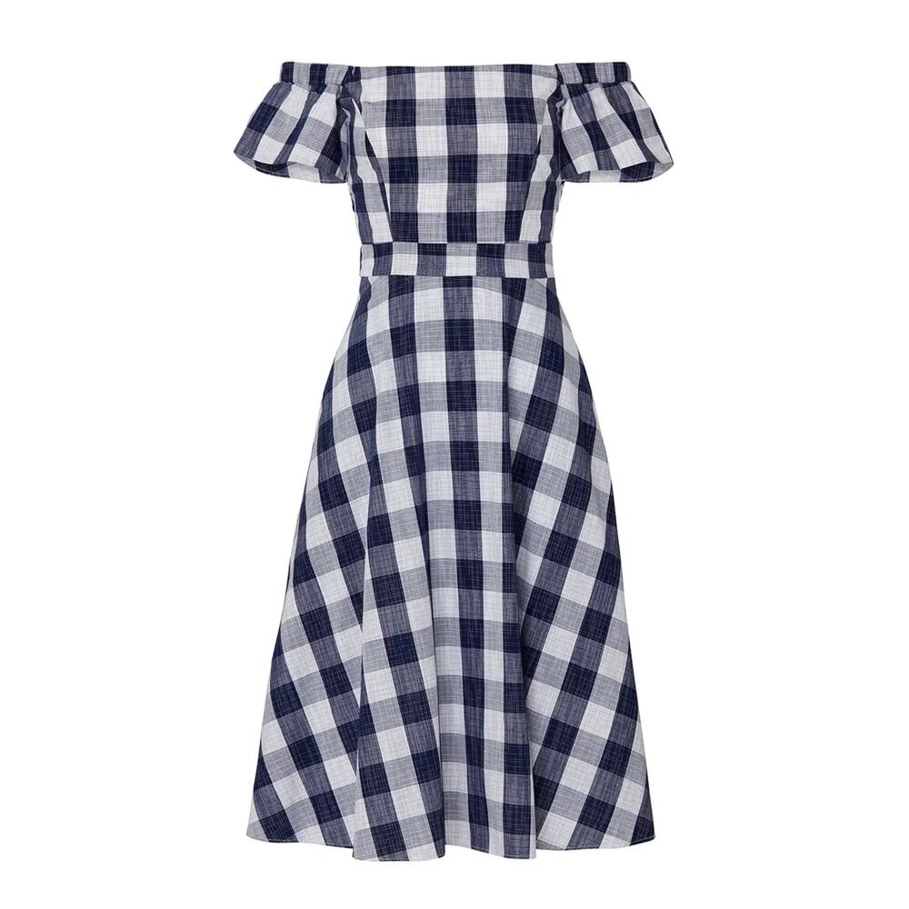 Adelyn Rae Daisy Dress Size Medium Gingham Off Shoulder Open Back Blue White - Picture 12 of 15